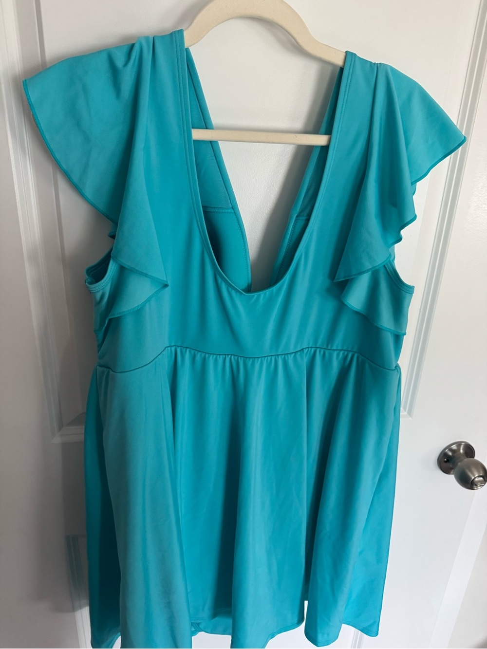 Lane Bryant  No-Wire Flutter-Sleeve Swim Dress.full brief bottom. Scuba Blue
